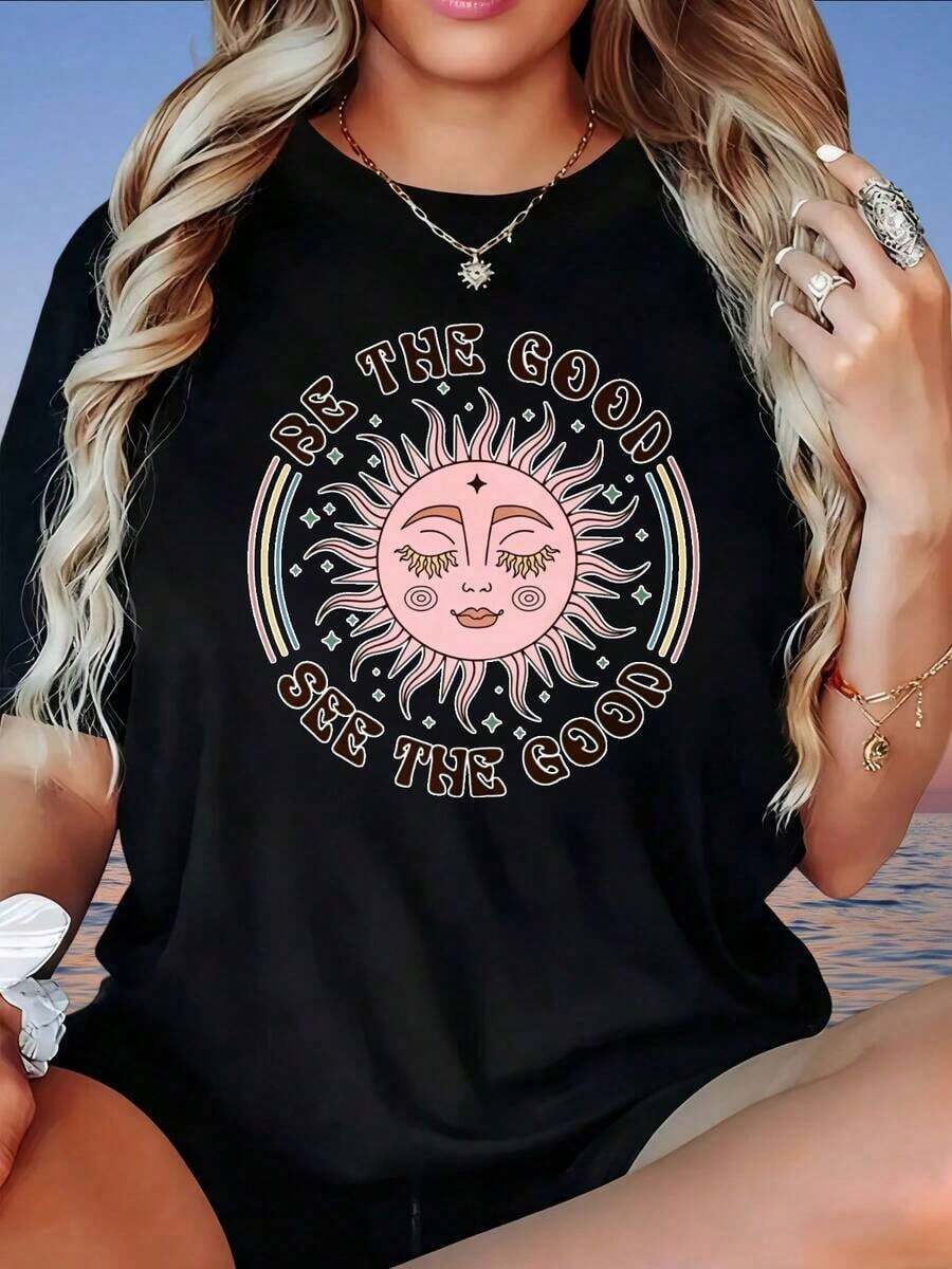 GraphicBe The Good See The Good Sun Face Camiseta con Gráfico de Arcoíris para Mujer, Top Casual de Verano, Estilo Boho, Corte Holgado, Camiseta Blanca, Camiseta para Mujer - Negro - Ver 1