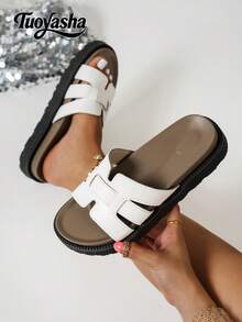 New Fashion Buckle Open Toe Platform Slippers, Comfortable Versatile Dirt-Resistant Beach Sandals Suitable For Daily Wear - White Leather - View 8