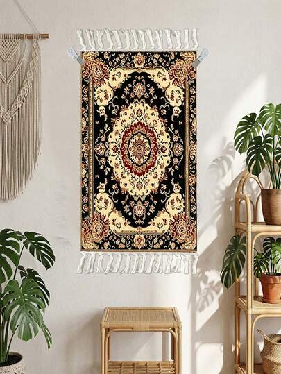 1 tấm thảm trang trí in họa tiết Bohemian (có kèm móc treo), thảm trang trí hình vuông dệt in họa tiết với viền tua rua trắng tinh tế, dễ dàng vệ sinh và có thể giặt máy, thích hợp cho phòng khách, phòng học, phòng ngủ, tiệc tùng, v.v.