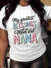 1 pieza de camiseta de cuello redondo para mujer con estampado colorido de "Mis mayores bendiciones, llámame mamá y nana", camiseta casual de manga corta para el Día de la Madre, reuniones familiares y uso diario. - Blanco - Ver 1