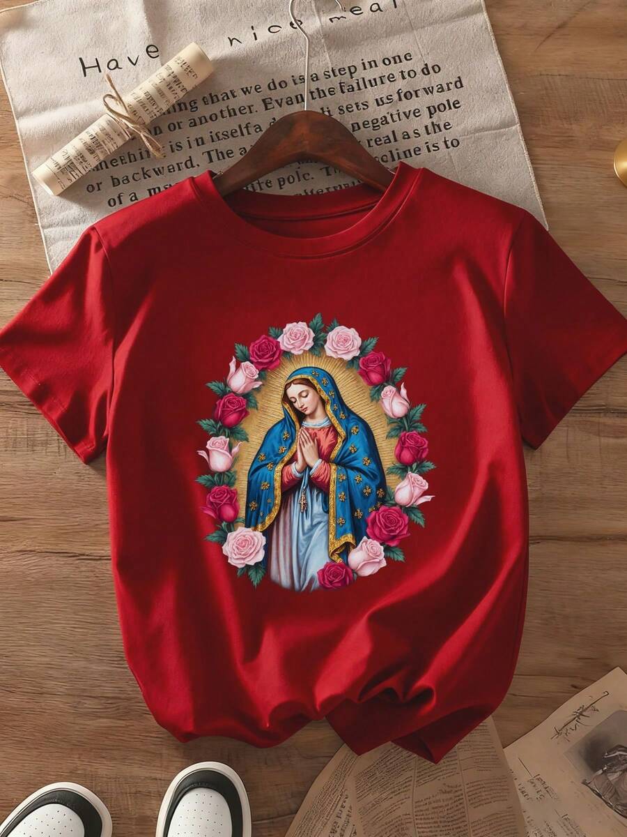 Premium Summer T-Shirt For Women With Virgin Mary And Rose Print - Unisex - 100% Loose Fit, Short Sleeve And Round Neck, Religious Clothing, With The Iconic Image Of The Virgin Mary - Faith Garment For Everyday Use, Unisex Top Suitable For Daily Use And As A Gift (Machine Washable). - 紅色 - 查看 1