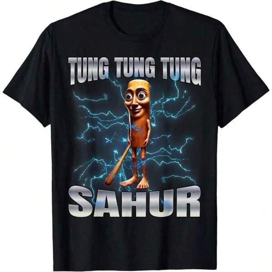 Camiseta unisex de algodón 100% Tung Tung Tung Sahur, camisetas gráficas para mujeresblusas para mujer playeras de mujer vestidos casuales para mujer y2k playeras deportivas para mujer verano camisetas ropa de mujer Fashion Perfect For Daily - Negro - Ver 1