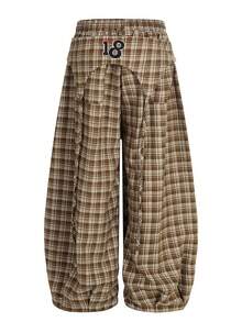 Pantalones Mujer Otoño 2026 Estilo Americano, Plisados a Cuadros Borde Curvo, Pantalones Banana de Baile Pierna Ancha Holgados - Caqui - Ver 2