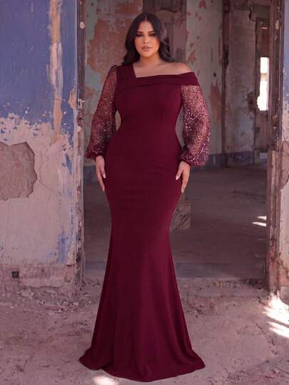 Plus Size Asymmetric Neckline Contrast Color Sequin Mermaid Dress, Elegant Long Sleeve Formal Gown Suitable For Wedding Guests, Graduation Ceremony, Gala Dinner And Other Occasions