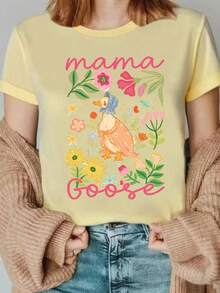 1 pieza de camiseta con estampado floral de "madre ganso", camiseta de "madre ganso", camiseta para el Día de la Madre, camiseta con estampado de "madre ganso" con pañuelo para la cabeza, camiseta para anunciar el embarazo, ropa de club para mujer, ropa femenina asequible y bonita, camiseta cómoda para todas las estaciones, 180g 100% algodón. - Blanco - Ver 8