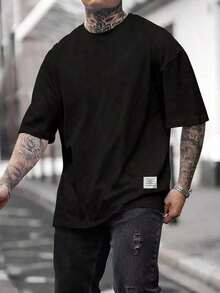 Men's Summer T-Shirt With Dropped Shoulders And Solid Color - 黑色 - 查看 1