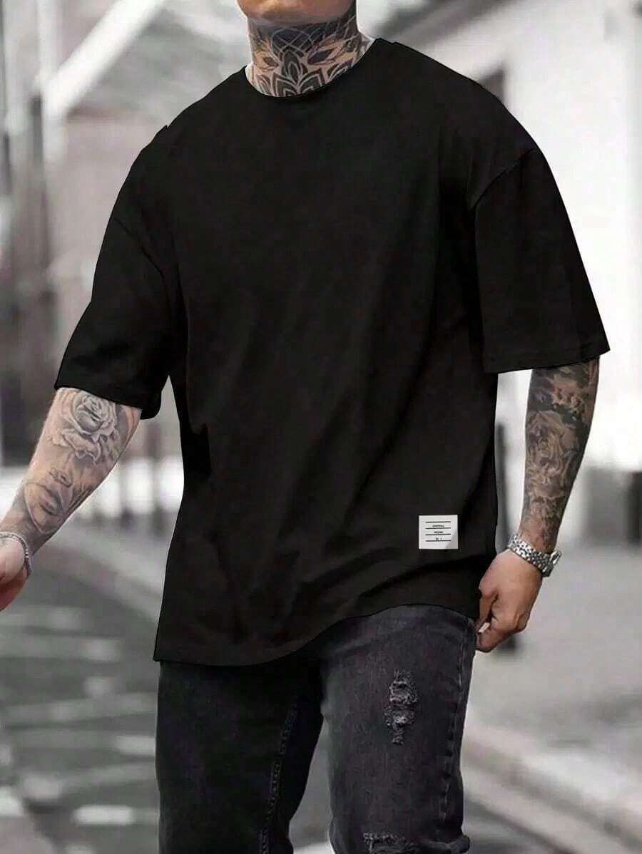 Men's Summer T-Shirt With Dropped Shoulders And Solid Color - 黑色 - 查看 1