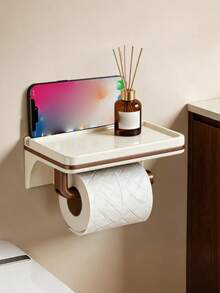 1PC Bathroom Storage Shelf - A Toilet Paper Holder Featuring An Extended Storage Platform. This Sturdy Unit Serves As Both A Mobile Phone Stand And A Storage Shelf, Specifically Designed To Hold Baby Wipes, Bath Essentials, And Various Small Necessities. An Ideal Choice For New Parents, Bathrooms, And Nurseries. - Multicolor - View 10