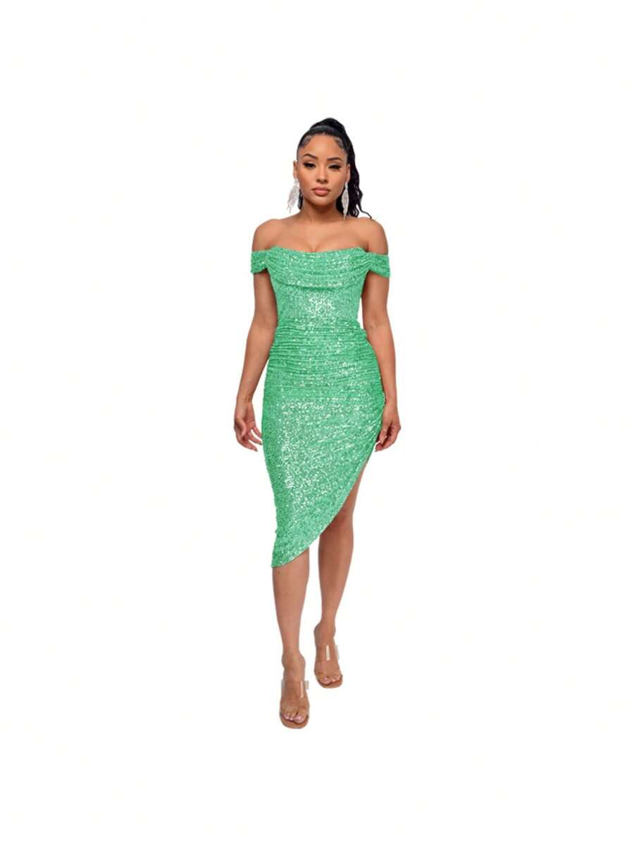 Women's Champagne-Colored Sequined Dress, Off-Shoulder Draped Design, Asymmetrical Side Slit, Stretchy Shiny Fabric Ideal For Summer Parties, Weddings As A Guest And Elegant Outdoor Dinners, Sexy Glamorous Style Perfect For Celebrations And Formal Events - 綠色 - 查看 1