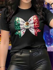Women's Mexican Print T-Shirt - Short Sleeve Round Neck Top, Suitable For Summer And Spring, Casual Mexican Style Blouse For All Seasons, Women's Sports Tops - 黑色 - 查看 6