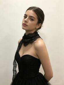 1pc Solid Color Lace Flower Eyelash Lace Ribbon Scarf - Black - View 4
