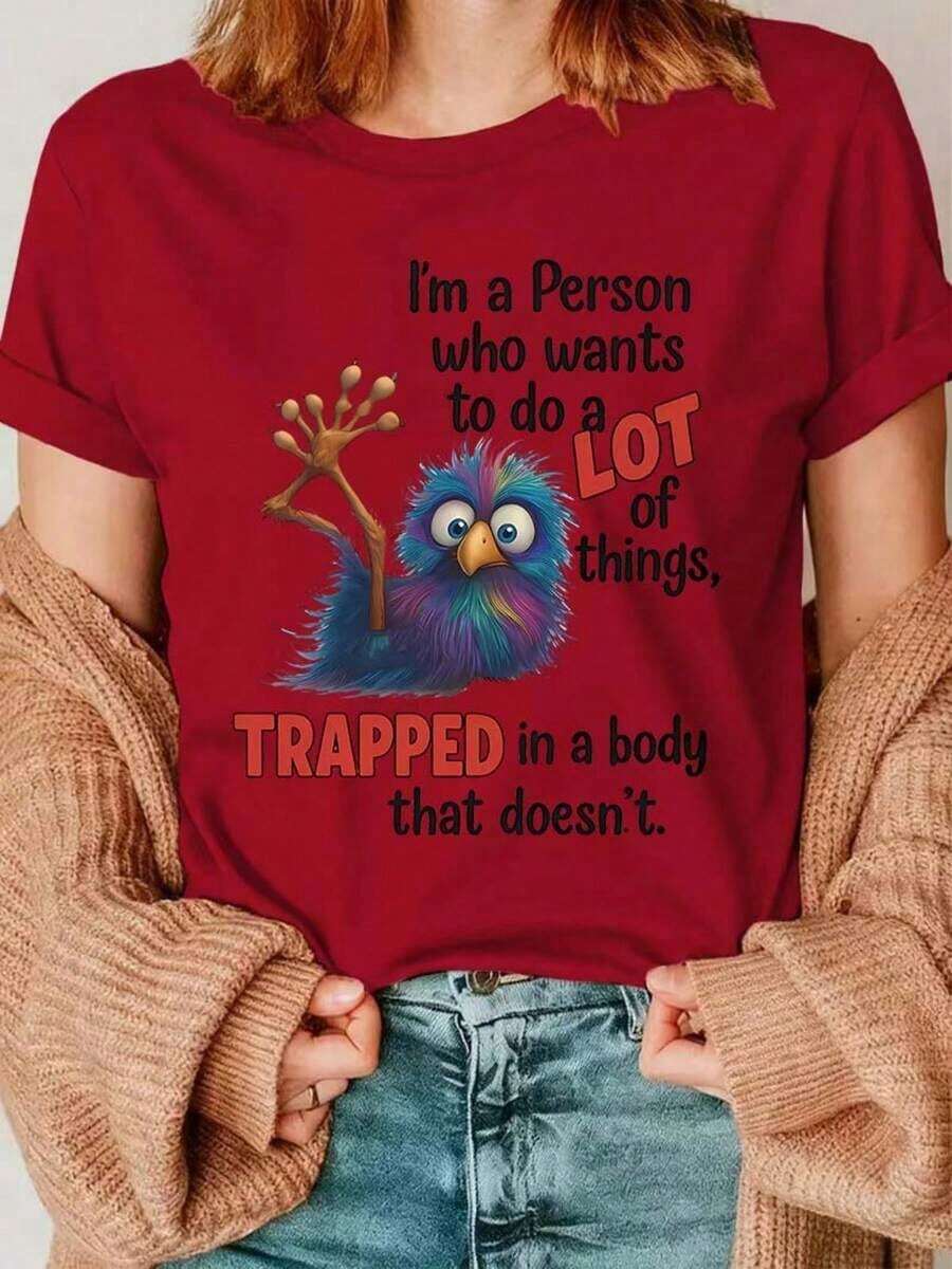 Women's 100% Cotton T-Shirt, Plus Sizes 0-8XL, Casual Style, Printed, For Everyday Wear, Unique Design, Suitable For All Seasons, Short Sleeves, Available In Multiple Colors. I'm A Person Who Wants To Do Many Things, But I'm Trapped In A Body That Can't Fulfill My Desires. Breathable Cotton T-Shirt, Goes With Everything For Women - 紅色 - 查看 1
