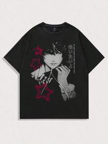 Women's Blouses Casual T-Shirt Short-Sleeved, Round-Neck Printed T-Shirt With Japanese Anime Character And Stars, Artistic And Durable 100% Cotton - 黑色 - 查看 7