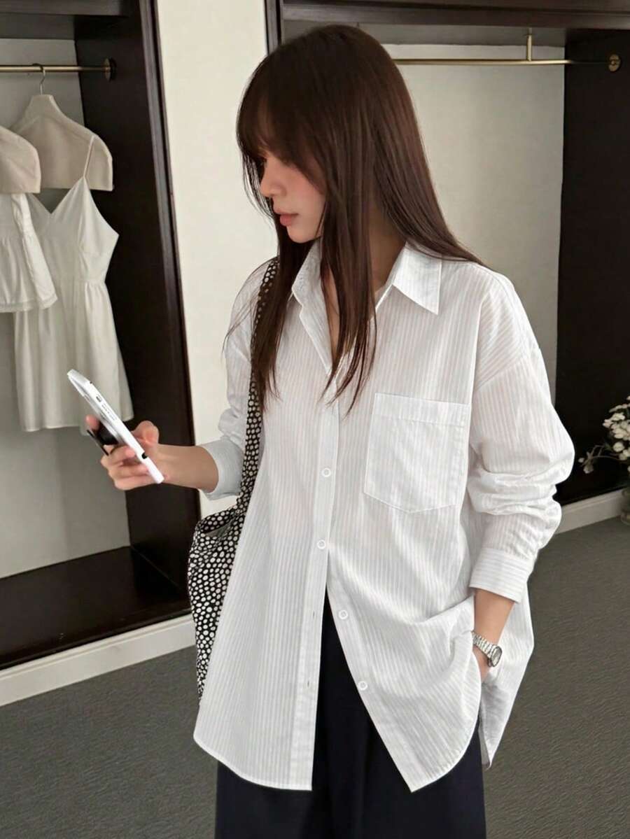 YCYC Striped Women's Off-Shoulder Button-Up Casual Shirt - White - View 1