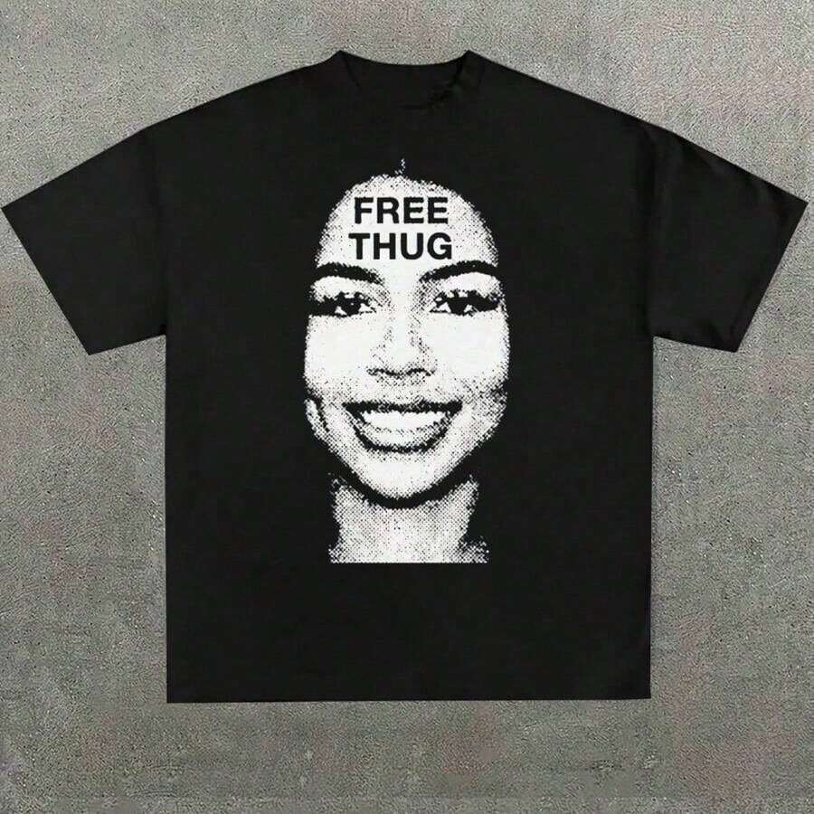 1 Piece Funny Retro 90s Rapper Cat Print T-Shirt, Round Neck, Short Sleeve, Women's Cotton, Summer, 180g, 100% Cotton. - Black 6 - 查看 1