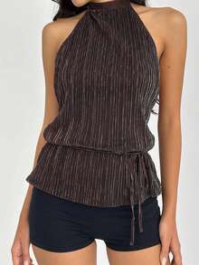 Women's Halter Neck Tank Top Sleeveless Open Back Ruched Cami Top Y2K Ruffle Hem Peplum Shirts With Tie Waist - Brown - View 2