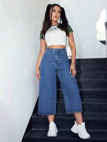 Jeans de pierna ancha recortado - Azul - Ver 4