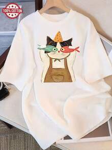 Women's Essential Summer Casual T-Shirt, Pure Cotton, Loose Fit, Round Neck, Versatile, Comfortable, Youthful, Popular, Vibrant, Short Sleeve, Soft, For Everyday Wear. - 白色 - 查看 6