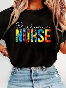 Women's Short-Sleeved T-Shirt With Round Neck And Tie-Dye Print, Ideal For Dialysis Nurse Day, For Work, Casual And Comfortable, For Spring And Summer, Women's Clothing. - 黑色 - 查看 1