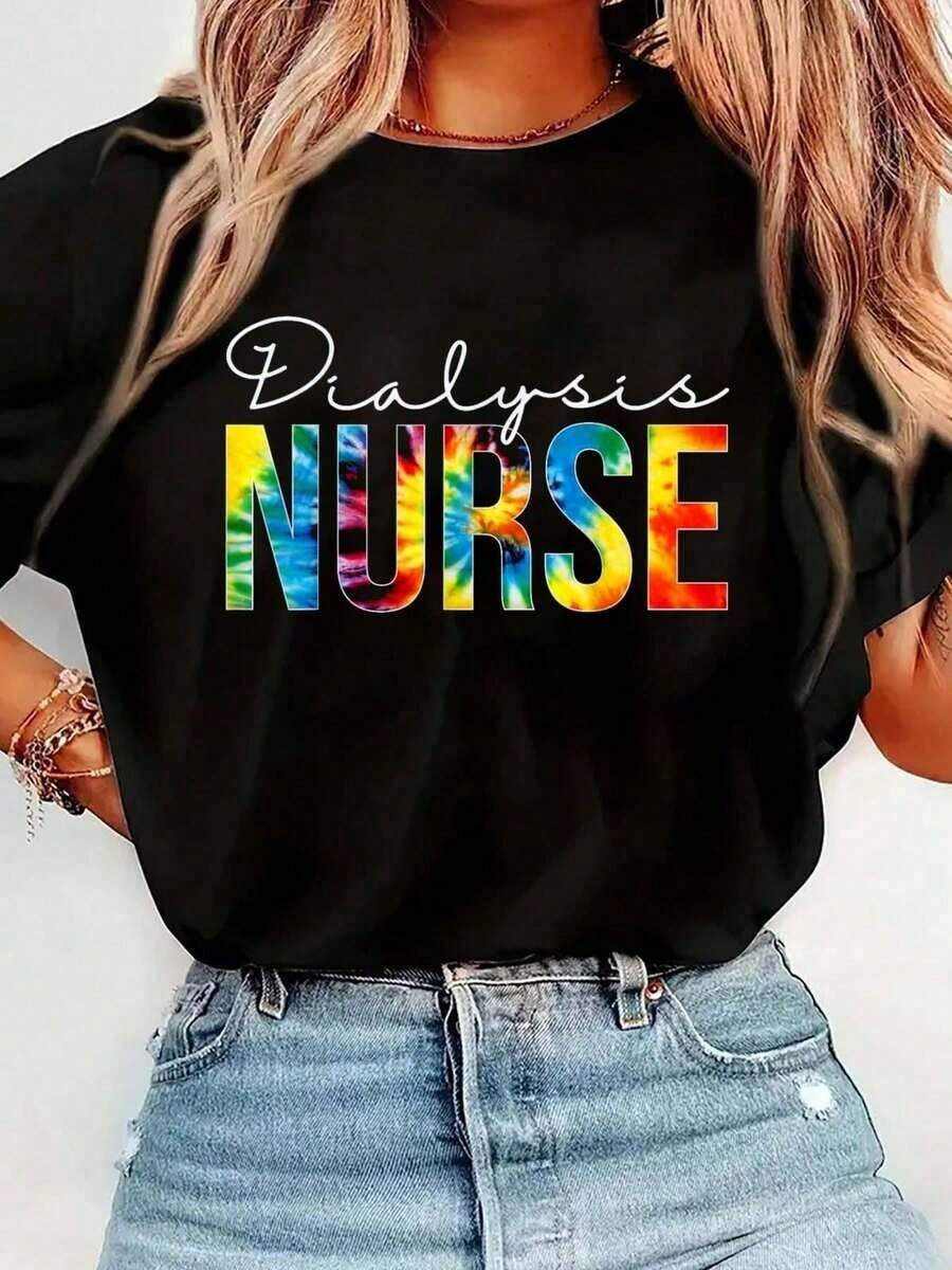 Women's Short-Sleeved T-Shirt With Round Neck And Tie-Dye Print, Ideal For Dialysis Nurse Day, For Work, Casual And Comfortable, For Spring And Summer, Women's Clothing. - 黑色 - 查看 1