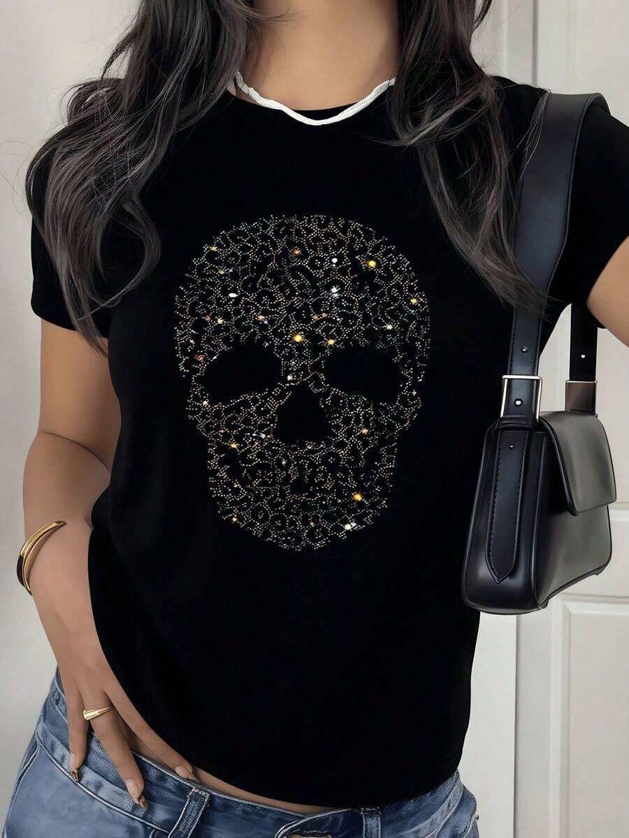 Skull Formed By Delicate, Sparkling Inlays Symbolizing The Fusion Of Strength And Beauty On A Modern-Cut, 100% Cotton Women's T-Shirt - Black - View 1