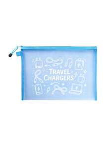 網格化妝包印有「Travel Charger」字母圖案，旅行網格盥洗包，夏季度假必備。便攜式化妝品收納包，多功能收納包，電子設備收納，數據線收納，適用於度假、辦公室、購物、酒店、返校禮物、生日禮物、旅行配件、教師節禮物、婚禮配件 - 彩色 - 查看 13