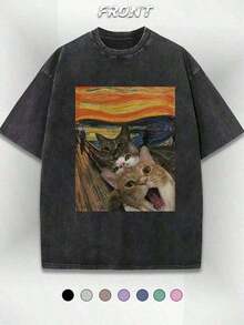 1 Piece Funny Graphic T-Shirt With Cat Design, Men's Cotton T-Shirt, 230g, Washed Short Sleeve T-Shirt, Suitable For Halloween, Christmas And Spring Festival Gifts, 180g. - 黑色 29 - 查看 6