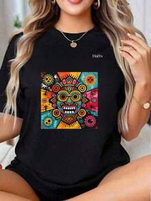 Limited Time Offer, Limited Quantity Available, Lightning, Women's Shirts, Women's T-Shirts. Women's Oversized Black T-Shirt, Short Sleeve, Round Neck, Colorful Graffiti  Mask Print, Casual Mexican Style For Everyday Wear - 黑色 - 查看 1