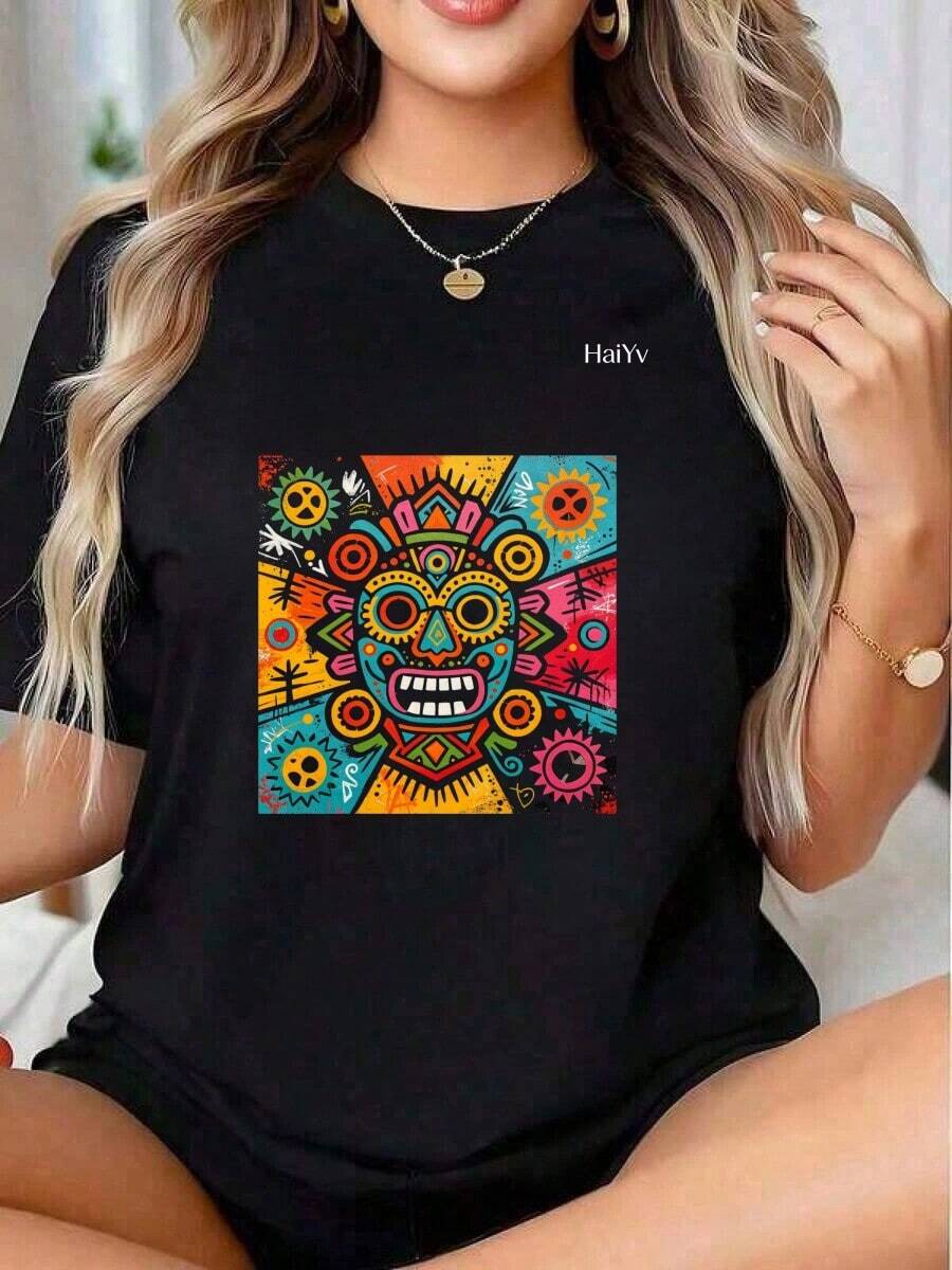 Limited Time Offer, Limited Quantity Available, Lightning, Women's Shirts, Women's T-Shirts. Women's Oversized Black T-Shirt, Short Sleeve, Round Neck, Colorful Graffiti Mask Print, Casual Mexican Style For Everyday Wear - 黑色 - 查看 1