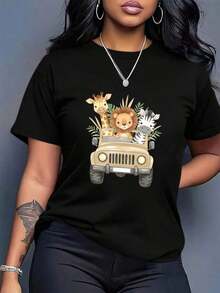 Camiseta de mujer de gran tamaño con estampado vintage de animales de safari - Top casual de ajuste suelto con diseño de jirafa y león, camiseta blanca de manga corta para primavera y verano para atuendos casuales y eventos temáticos (sin relleno en el pecho, tela transpirable), atuendo de safari para mujeresPure-Cotton - Negro - Ver 3