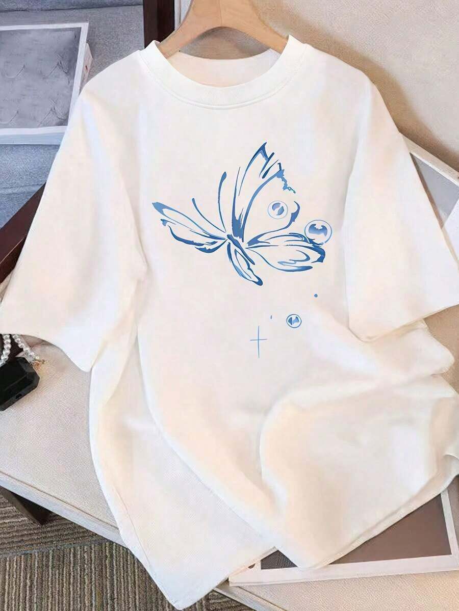Pure Cotton T-Shirt For Summer 2026: Modern Minimalist Design, Loose Summer Fit, Round Neck, Versatile, Comfortable And Casual For Women, Youthful And Cheerful, Short Sleeve T-Shirt For Daily Use, Versatile, Comfortable And Printed For Summer. - 白色 - 查看 1