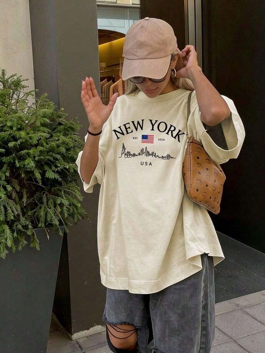 Women's Short-Sleeved T-Shirt With A Round Neck And Simple Slogan Print, Casual Summer Style, Loose Fit, Ideal For Everyday Wear And Holidays. Women's T-Shirt. White - 杏色 - 查看 1