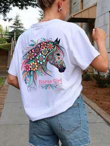 1 Piece Women's Short Sleeve Crew Neck T-Shirt, Loose Fit For Summer, With Floral And Cartoon Horse Head Print, Suitable For Vacation, Office, Outings, Daily Wear, Dates, Parties, Meetings, Street, Carnival, Music Festivals, Valentine's Day, Casual Occasions, Comfortable Cotton T-Shirt, White - 白色的 - 查看 6