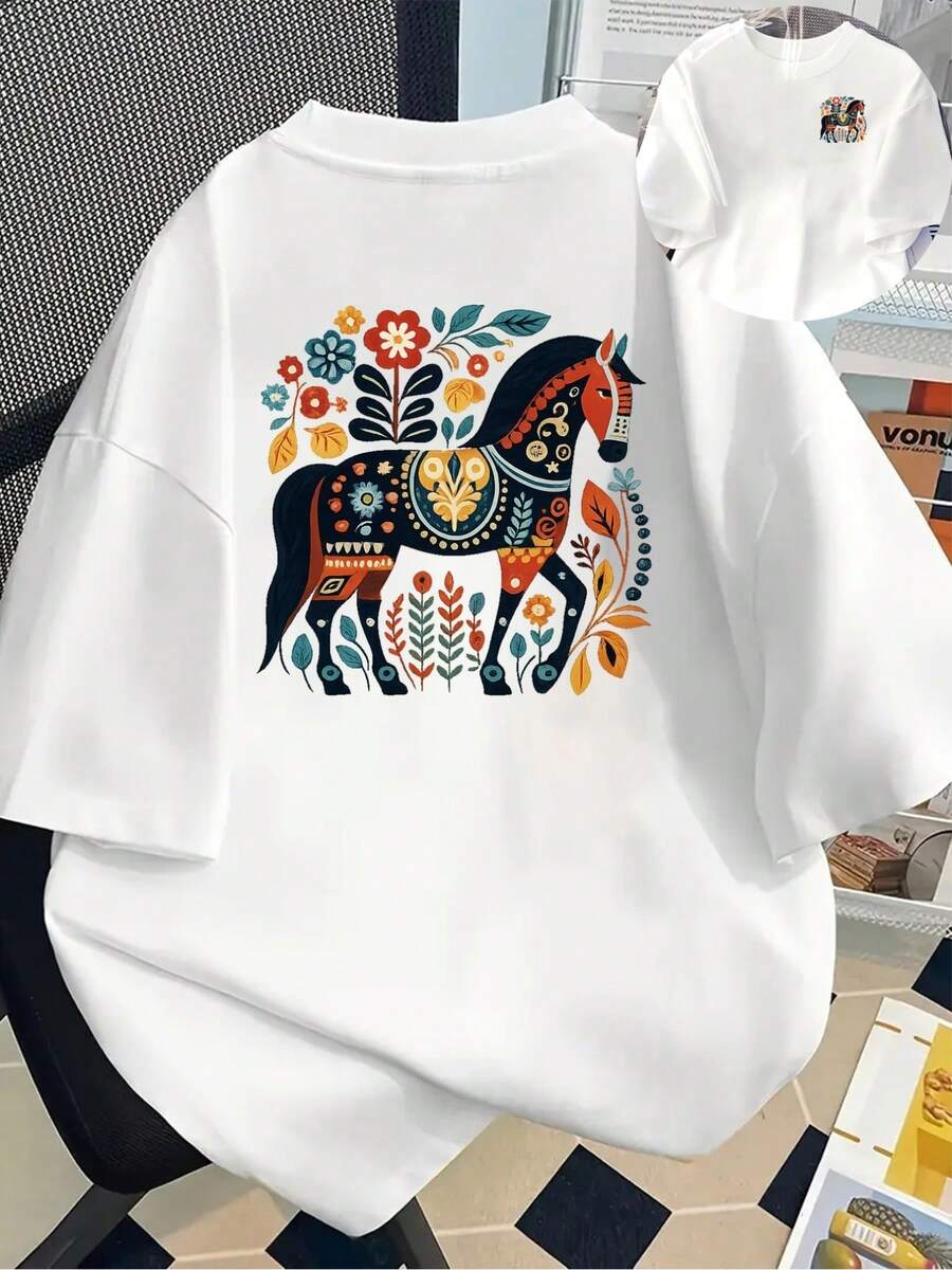 New 180g Short-Sleeved T-Shirt, 1% Cotton, With Front And Back Prints - Painted Horse, Scandinavian Style -  Printed T-Shirt For Women, Your Best Choice! - Suitable For Layering In Spring And Autumn, And For Wearing Alone In Summer, Unisex Style. - White - View 1