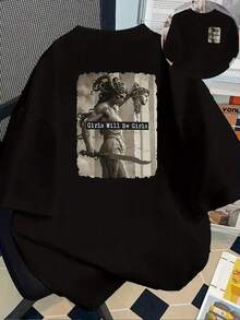 New 180g Short-Sleeved T-Shirt, 1% Cotton, With Front And Back Print - Feminism, Girls Are Girls - Fashionable Printed T-Shirt For Women, For Spring And Summer, Versatile And Casual - Suitable For Layering In Spring And Autumn, And For Wearing Alone In Summer, Unisex. - Black - View 11