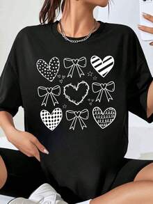Women's Oversized T-Shirt With Heart And Bow Print, Casual Style, Loose Fit, Graphic Tee, Fashion Top For Valentine's Day, Summer Clothing - 黑色 - 查看 7