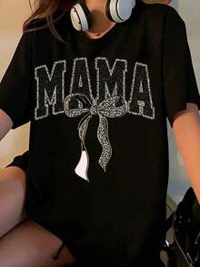 Women's Leopard Print T-Shirt With Bow, Fashionable Casual Graphic Tee, Mother's Day Gift Idea, White Top With Glitter Lettering And Cute Bow Design, Perfect For Everyday Wear [Suitable For Leisure And Sports Occasions] - 黑色 - 查看 7