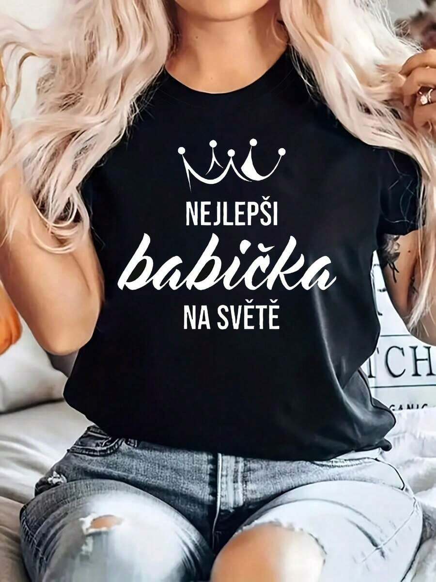 Women's Plus Size T-Shirt, NEJLEPSi Babicka NA SVETE With Letter Print, Women's Plus Size T-Shirt, Short Sleeve, Round Neck, Casual Top For Summer And Spring, Women's Clothing - 黑色 - 查看 1