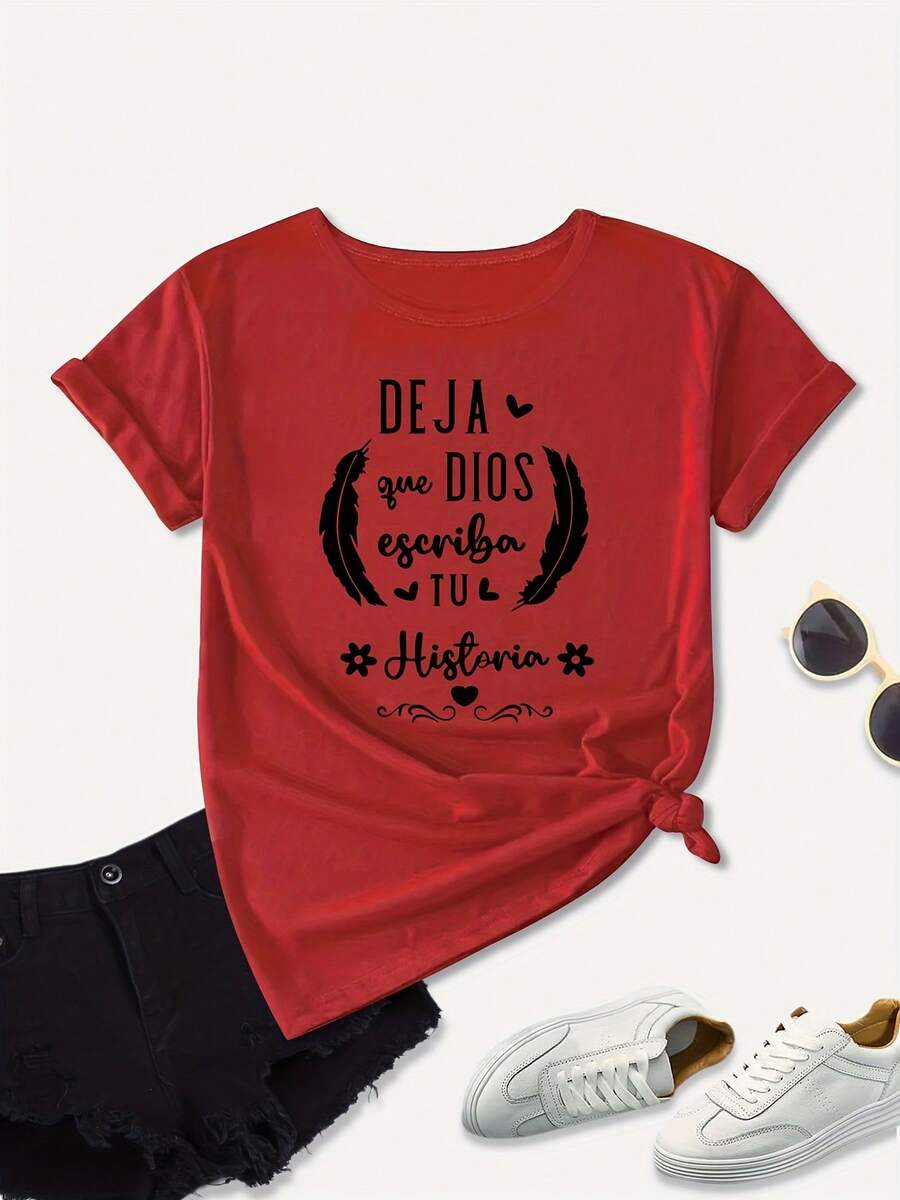 Women's Cotton T-Shirts With Round Neck, Casual Feather And Letter Print, Loose And Comfortable Plus Size Women's T-Shirt, Suitable For Work, Going Out And Home Use, Plus Size Women's Spring/Summer T-Shirt, Simple T-Shirt For Everyday Use. - 紅色 - 查看 1