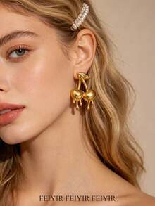 Elegant Exaggerated Oversized Liquid Cherry, Lips And Stars Stainless Steel Earrings, Suitable For Women, Moms, Girlfriends, 18K Gold Plated Waterproof Inlaid Stud Earrings, Gold Wedding Party Charm Jewelry Accessories, 2026 New Birthday Anniversary Gift - Various - View 1