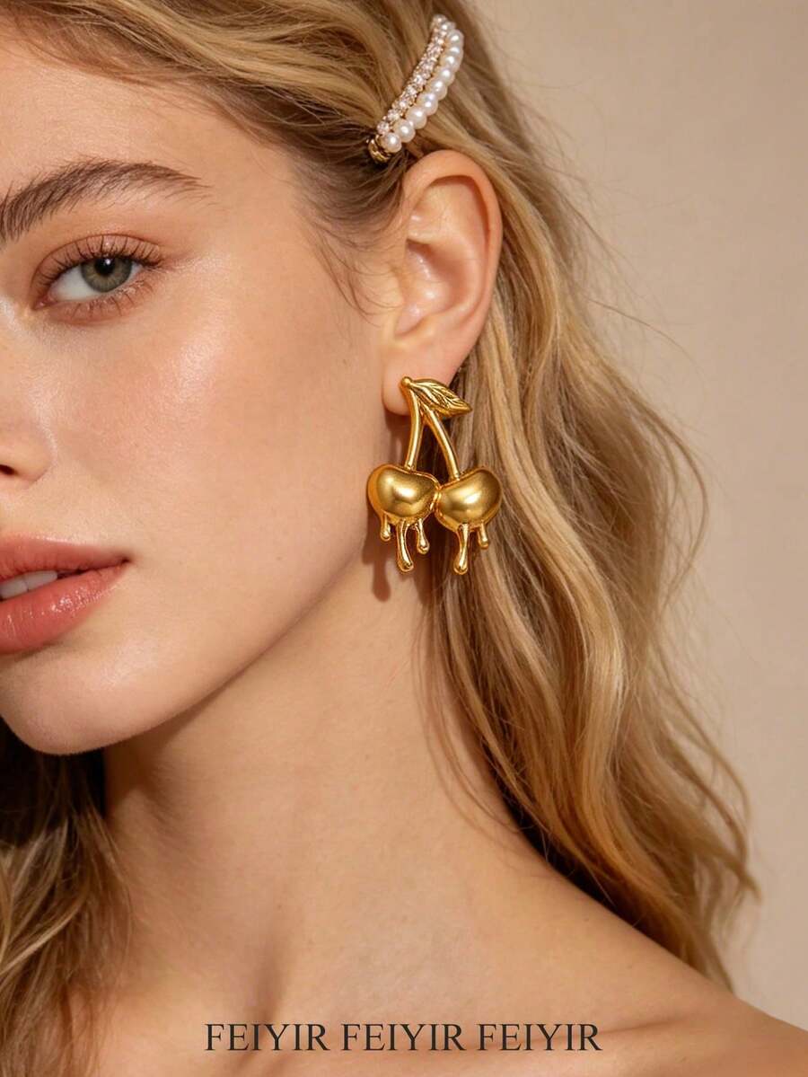 Elegant Exaggerated Oversized Liquid Cherry, Lips And Stars Stainless Steel Earrings, Suitable For Women, Moms, Girlfriends, 18K Gold Plated Waterproof Inlaid Stud Earrings, Gold Wedding Party Charm Jewelry Accessories, 2026 New Birthday Anniversary Gift - Various - View 1