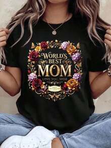"World's Best Mom" T-Shirt, I Love You Mom, Floral Design For Mother's Day, Gift For Moms, Casual T-Shirt For Celebrating Motherhood, 220g - Urban Vintage Style, Unisex, Loose Fit, Cotton, Short Sleeve, Round Neck, 100% Pure Cotton - 黑色 - 查看 7