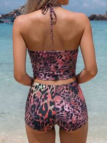 Women's Sexy Halter Leopard Print Bikini Set, Decorated With Beaded Details, Two Pieces Swimwear, Suitable For Beach Or Pool Party Vacation Summer - Multicolor - View 3