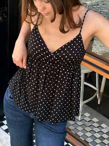 Women's Babydoll Tank Tops Stylish Dot Print Loose Hem V Neck Spaghetti Strap Camisoles - Negro - Ver 5