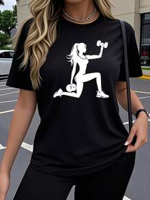 Women's Short-Sleeved T-Shirt, Y2K Style, Simple And Round Neck, Casual Workout Wear, Short-Sleeved T-Shirt, Modern And Artistic Sporty Design With Fitness Girl Print. - 黑色 - 查看 6