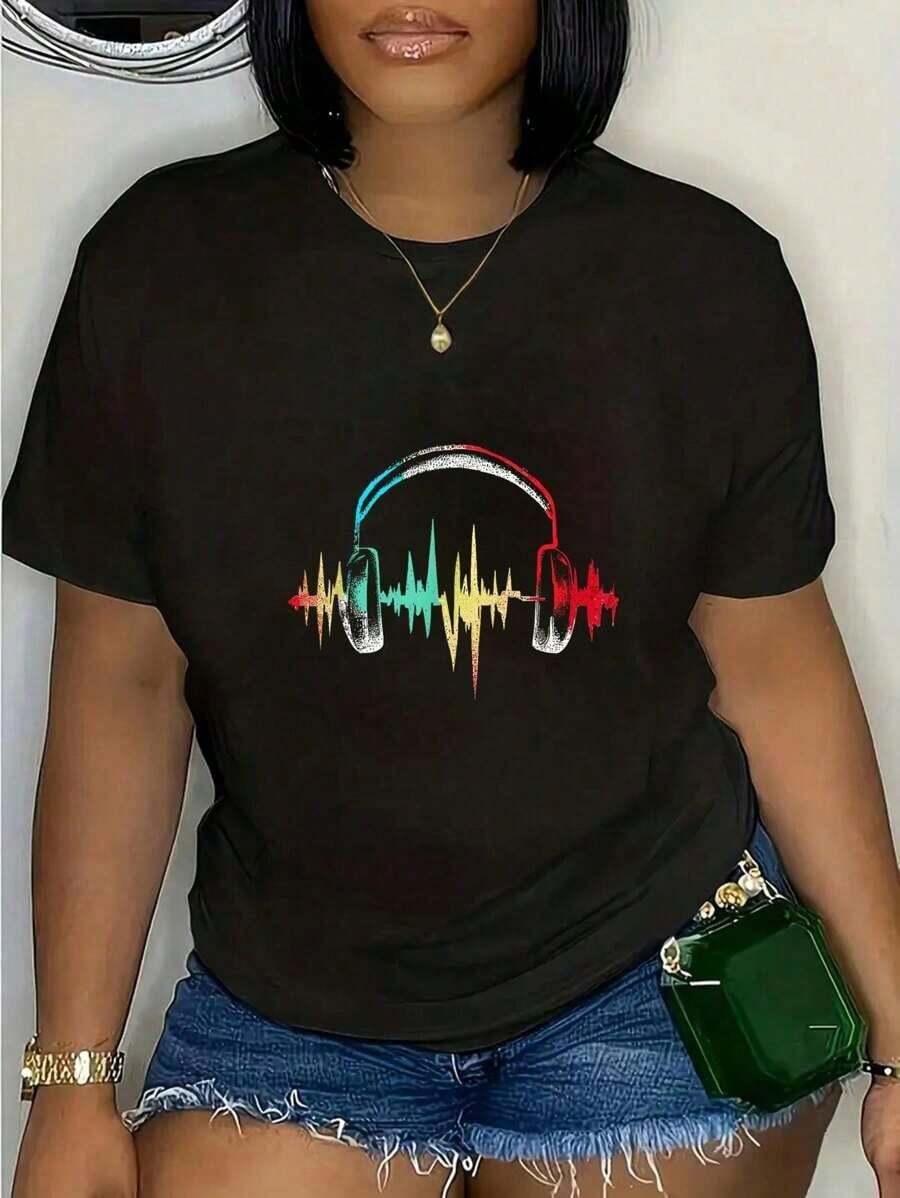 Heartbeat Gamer Casual T-Shirt, 100% Cotton - Colorful Headphones Video Games Gaming T-Shirt, Unisex T-Shirt - 黑色 - 查看 1