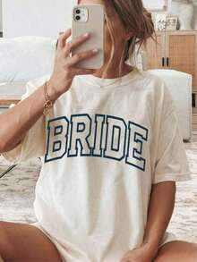 New 2026 Collection: Cotton T-Shirt For Bride, Minimalist T-Shirt For Bride, Wedding, Bachelorette Party, Aesthetic T-Shirt For Bride 3XL, Classic Thick Cotton Short Sleeve Graphic Print T-Shirt For Bachelorette Party, Casual Short Sleeve Top For Women, Short Sleeve Sports T-Shirt. - 白色 - 查看 1