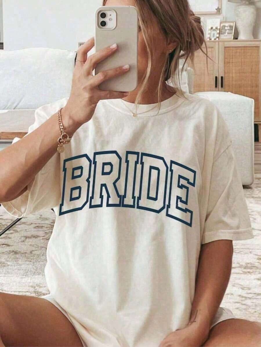 New 2026 Collection: Cotton T-Shirt For Bride, Minimalist T-Shirt For Bride, Wedding, Bachelorette Party, Aesthetic T-Shirt For Bride 3XL, Classic Thick Cotton Short Sleeve Graphic Print T-Shirt For Bachelorette Party, Casual Short Sleeve Top For Women, Short Sleeve Sports T-Shirt. - 白色 - 查看 1