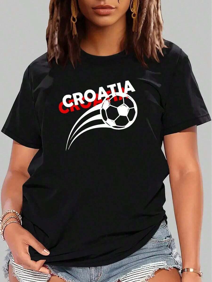 Soft 100% Cotton T-Shirt With European Football Cup Print, Versatile Casual Sports T-Shirt For Women, 100% Cotton, Cool And Breathable, Matches With Everything. - 黑色 - 查看 1