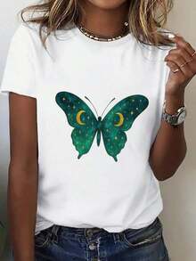 Women's Plus Size Blouses - Oversized T-Shirt For Women - Casual Short Sleeve Top, Starry Butterfly Pattern In Green And Gold, Lightweight And Breathable Fabric, Casual Spring/Summer Style, Suitable For Home And Outings, Fun Geometric Design, Butterfly T-Shirt, Summer Clothes, Round Neck, Soft Texture, Fashionable T-Shirt, T-Shirt For Women's Summer Wardrobe. - 白色的 - 查看 1